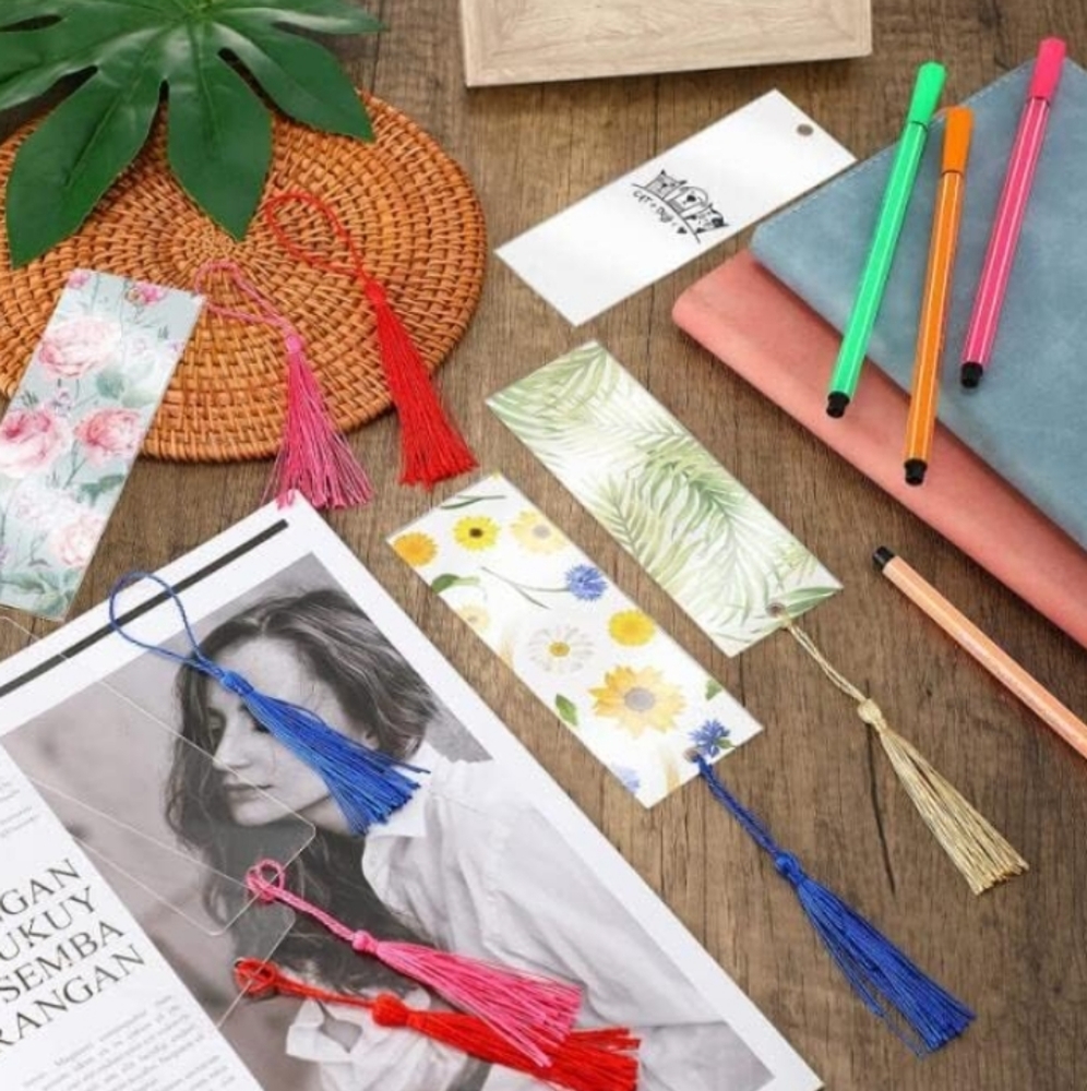 20 piece plexi bookmark blank includes tassels.